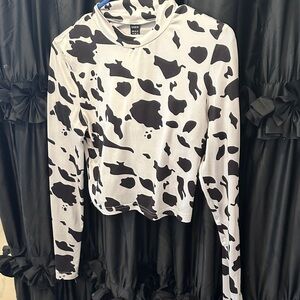 SHEIN Black and White Cow Spot Mock Neck Long Sleeve Top